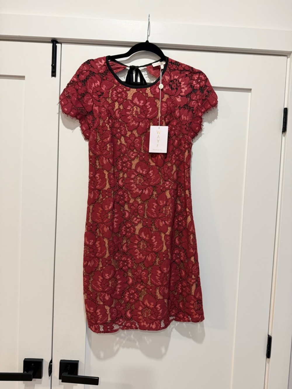 Wayf Burgundy Floral Lace Mini Dress fully lined. Sz Small